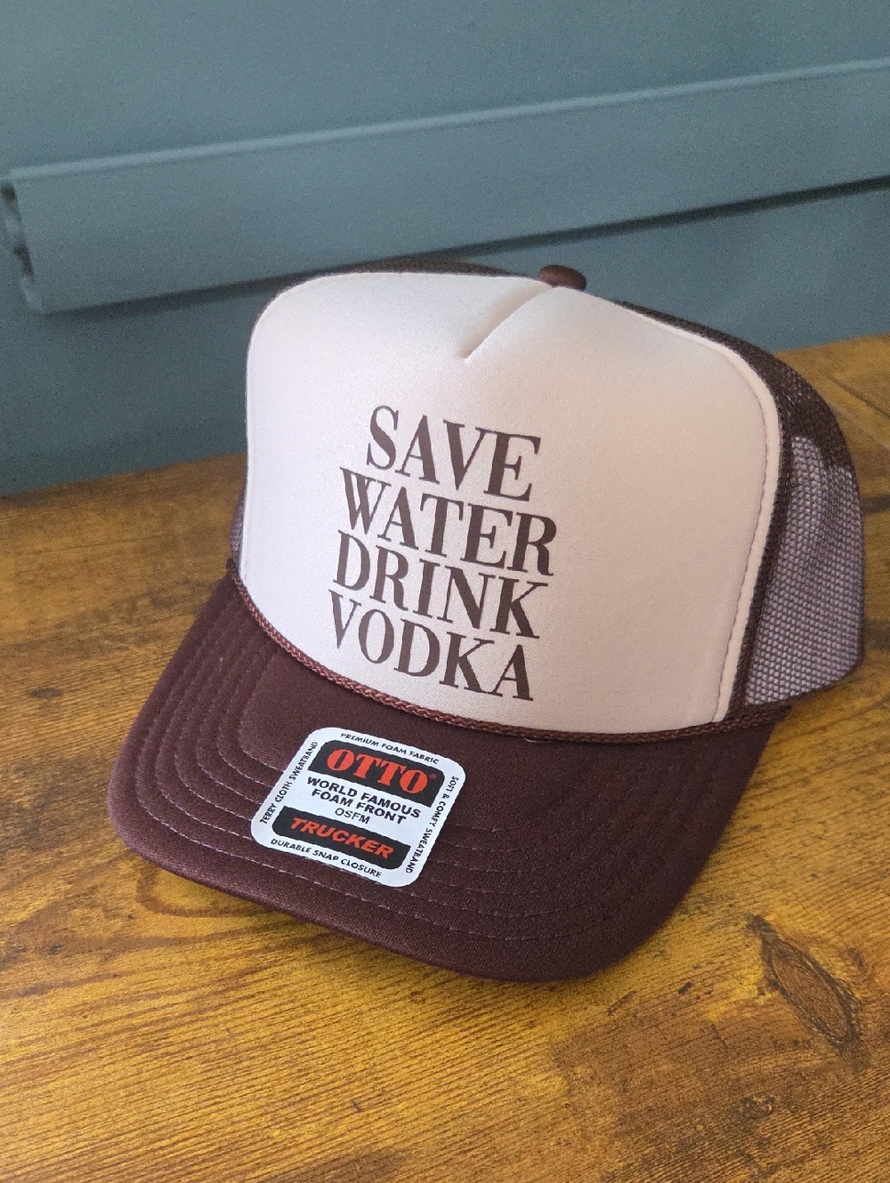 OTTO Trucker Hat - Brown & Cream "Save Water Drink Vodka"